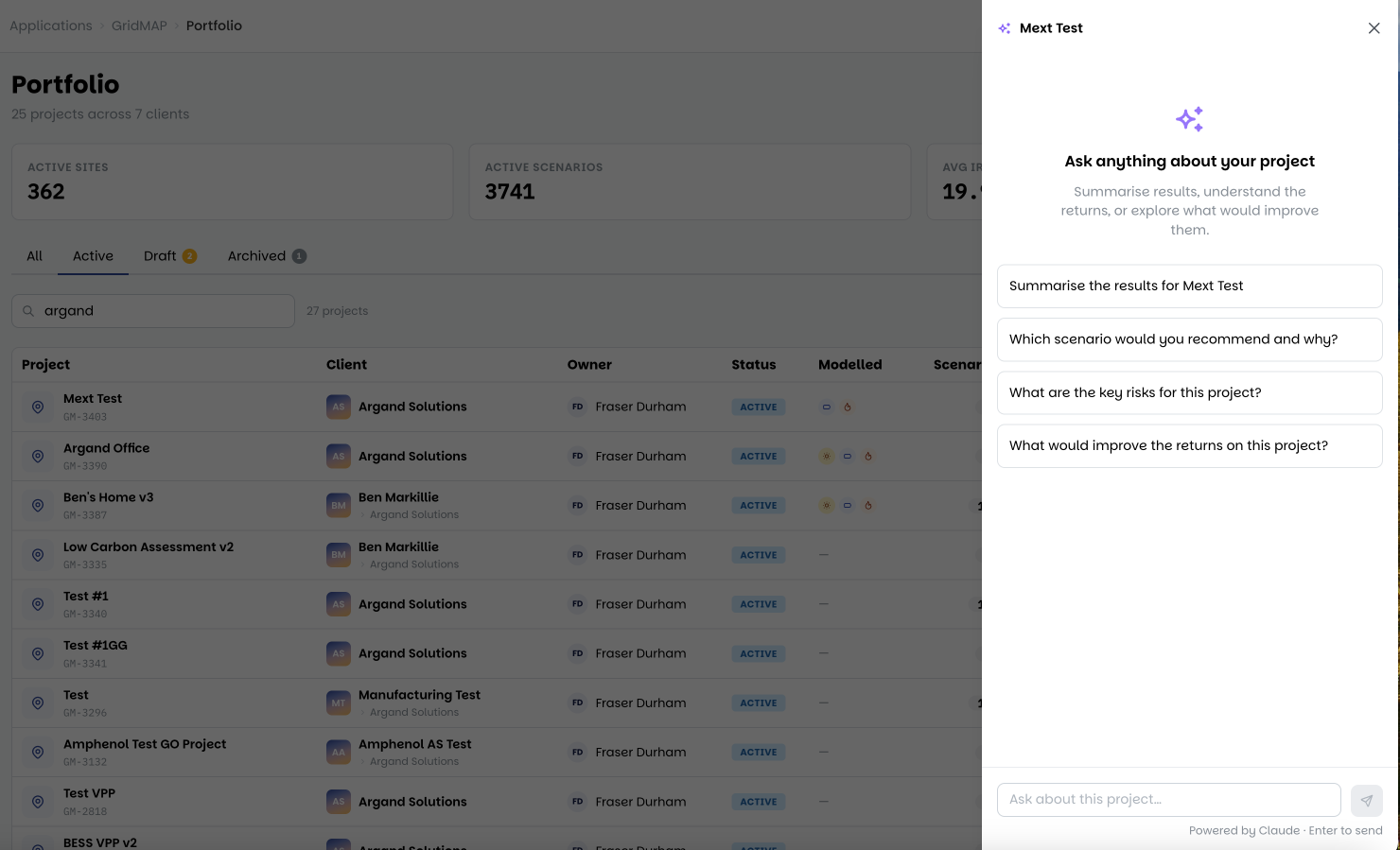 GridMAP Ask AI panel answering questions about a project's scenarios and returns